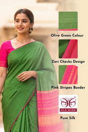 Green Kanjivaram Pure Silk Saree with Zari Checks 10077902
