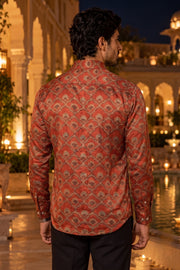 Rust Red Ajarkh Printed Vegan Modal Silk Mens Shirt 10078098