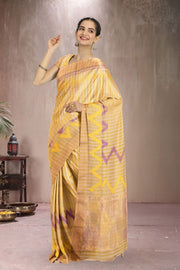 Yellow Hand Block Printed Chanderi Saree 10049152