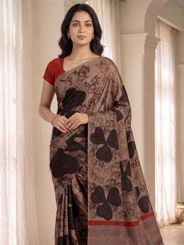 Caramel Brown Ajrakh Printed Mulmul Cotton Saree With Clover Motifs 10076519