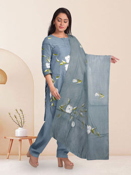 Grey Hand Painted 3-Piece Salwar Suit Material 10076019