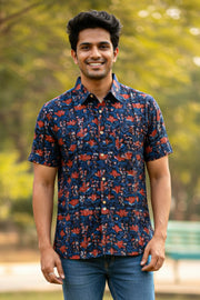 Blue Half Sleeve Jahota Printed Cotton Mens Shirt 10076223