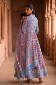 Blue Hand Block Printed Chaniya Choli With Kota Doria Dupatta  10066331