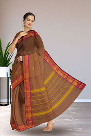 Brown Handloom Chettinad Cotton Saree Without Blouse 10075149