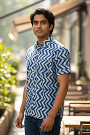Indigo Handblock Print Pre-Washed Pure Cotton Shirt 10076222