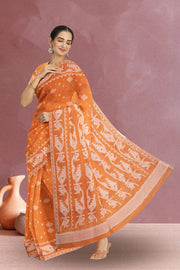Orange Handloom Jamdani Style Cotton Saree with Blouse 10074226