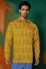Mustard Yellow Full Sleeve Ajrakh Printed Cotton Mens Shirt 10071154