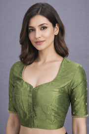 Olive Green Aari Embroidered Tussar Silk Blouse 10070439