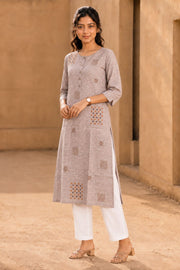 Brown Hand Embroidered Cotton Kurta 10077676