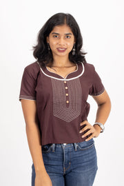 Burgundy Shawl Neck Cotton Crop Top 10068087