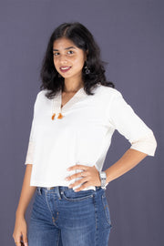 White Shawl Neck Cotton Crop Top 10068097