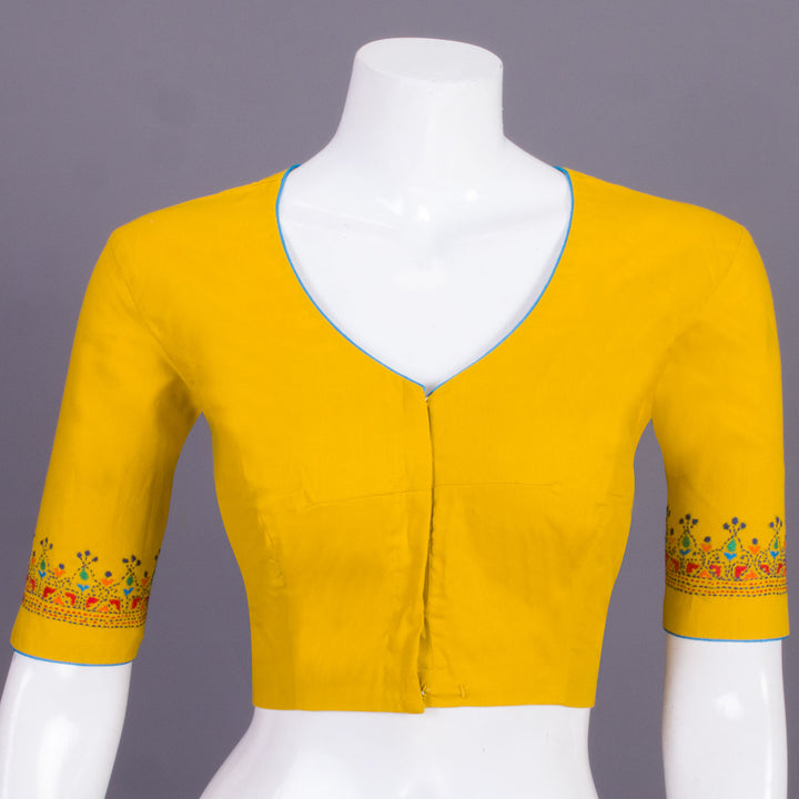 Yellow Kantha Embroidered Cotton Blouse 10068985 - Avishya