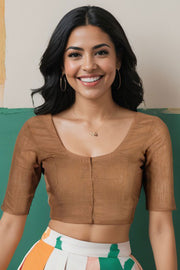 Brown Handcrafted Cotton Solid Blouse 10073208
