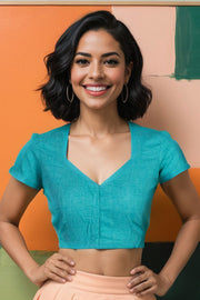 Blue Handcrafted Cotton Solid Blouse 10073223