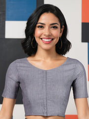 Grey Handcrafted Solid Cotton Blouse 10073692