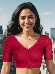 Red Handcrafted Solid Cotton Blouse 10073704