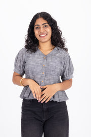 Grey Handcrafted Slub Cotton Crop Top 10073972