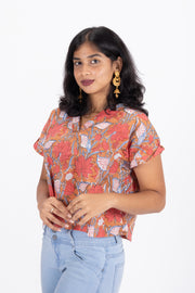 Orange Hand Block Printed Cotton Crop Top 10074297