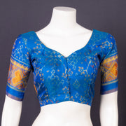 Classic Royal Blue Kanjivaram Silk Blouse With Floral Motifs and Geometric Border 10076634