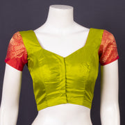 Honey Olive Green Kanjivaram Silk Blouse With Contrast Saffron Brick Red Border 10076636