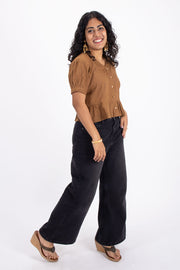 Brown Handcrafted Slub Cotton Crop Top 10073973