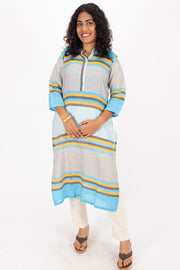 Blue Handcrafted Dhaniakhali Cotton Kurta 10073981