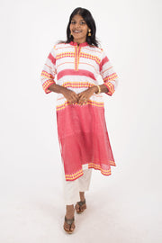 White Handcrafted Dhaniakhali Cotton Kurta 10073987