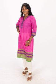 Pink Handcrafted Dhaniakhali Cotton Kurta 10073994