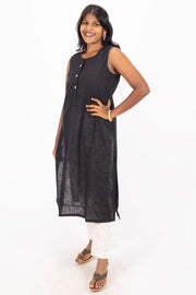Black Handcrafted Solid Style Cotton Kurta 10074330