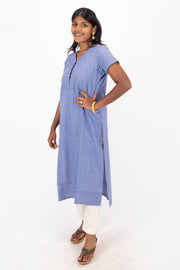 Blue Handcrafted Solid Style Oxford Cotton Kurta 10074333