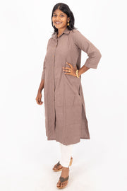 Brown Handcrafted Solid Style Oxford Cotton Kurta 10074338