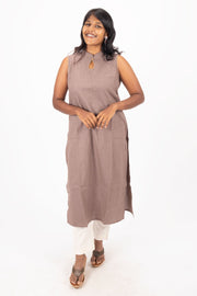 Brown Handcrafted Solid Style Oxford Cotton Kurta 10074340