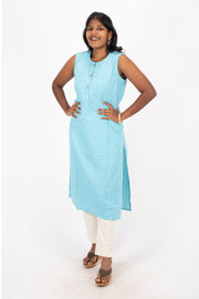 Blue Handcrafted Solid Style Oxford Cotton Kurta 10074349