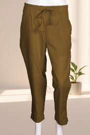 Brown Solid Style Slub Cotton Pant 10075939