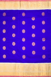 Gadwal Kuttu Weave Handloom Silk Saree in Royal Blue with Cream Peacock Motif Border 10062948