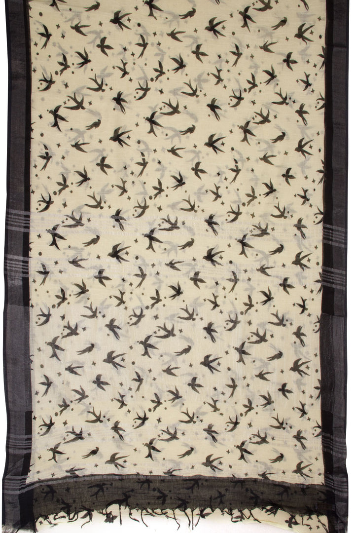 Cream Hand Block Printed Linen Saree 10062753