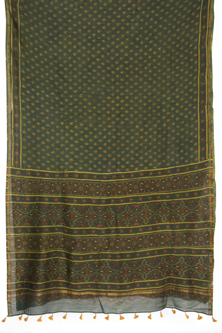 Green Ajrakh Printed Silk Cotton Saree - Avishya