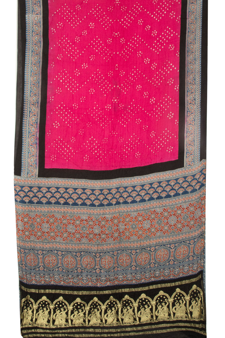 Pink Handloom Ajrakh Bandhani Modal Silk Saree  - Avishya