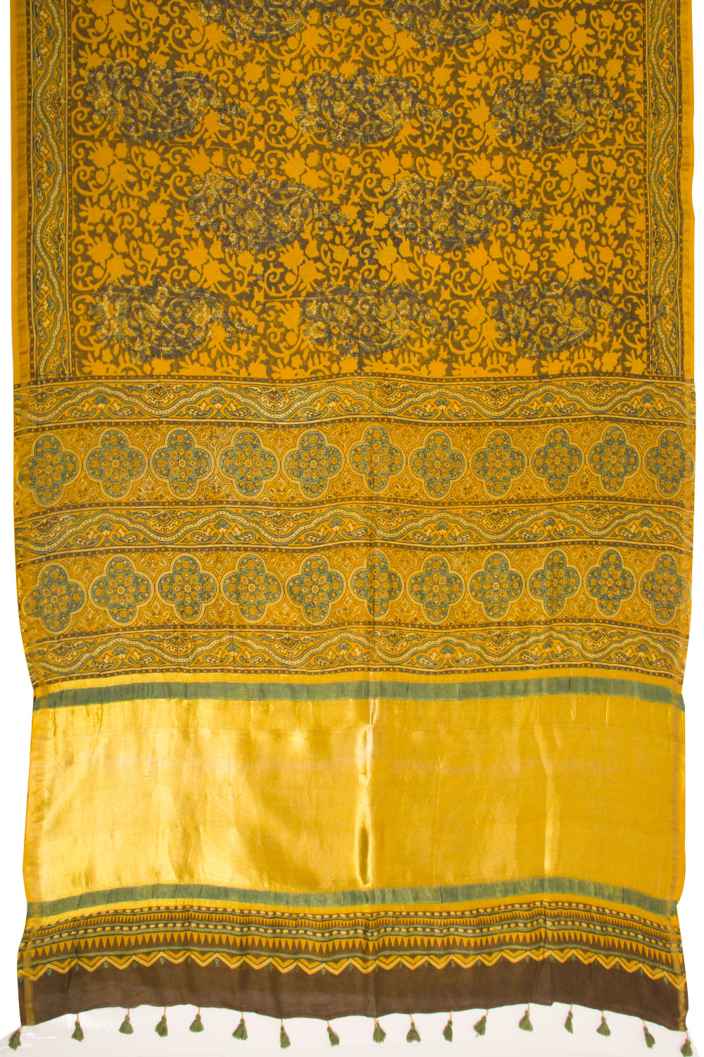 Yellow Ajrakh Printed Silk Cotton Saree With Langdi Patta zari pallu - Avishya