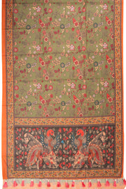 Green Kalamkari Print Malai Cotton Saree