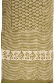 Green Hand Block Printed Mulmul Cotton Saree 10074085