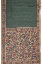 Green Kalamkari Printed Semi Tussar Silk Saree With Floral Motifs And Floral Border 10076274