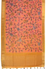 Orange Printed Semi Linen Saree With Floral Motifs And Zari Border 10076277