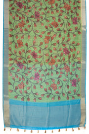 Green Printed Semi Linen Saree With Floral Motifs 10076278