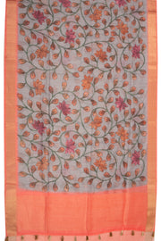 Grey Printed Semi Linen Saree With Floral Motifs And Zari Border 10076279