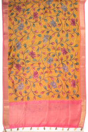 Yellow Printed Semi Linen Saree With Floral Motifs And Zari Border 10076280