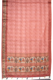 Brown Printed Semi Linen Saree With Tribal Motifs 10076284