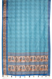 Blue Printed Semi Linen Saree With Tribal Motifs 10076285