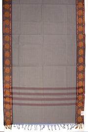Mink Grey Handloom Kanchi Cotton Saree with Checks and Peacock Border 10076472