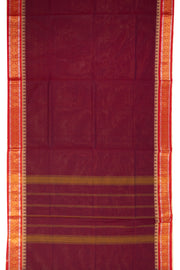 Cherry Wine Maroon Handloom Kanchi Cotton Saree with Temple and Floral Border 10076480